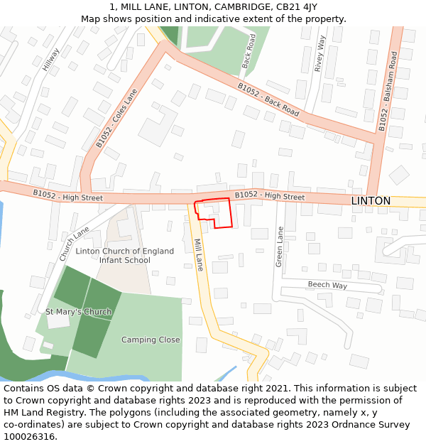 1, MILL LANE, LINTON, CAMBRIDGE, CB21 4JY: Location map and indicative extent of plot