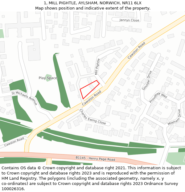 1, MILL PIGHTLE, AYLSHAM, NORWICH, NR11 6LX: Location map and indicative extent of plot