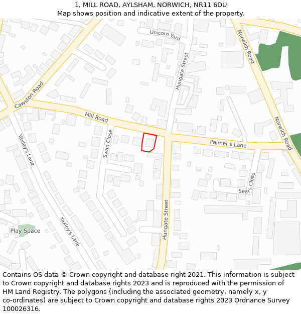 1, MILL ROAD, AYLSHAM, NORWICH, NR11 6DU: Location map and indicative extent of plot