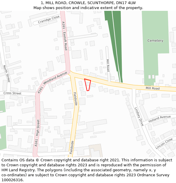 1, MILL ROAD, CROWLE, SCUNTHORPE, DN17 4LW: Location map and indicative extent of plot