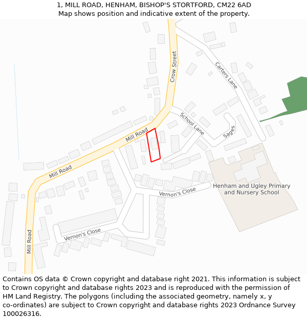 1, MILL ROAD, HENHAM, BISHOP'S STORTFORD, CM22 6AD: Location map and indicative extent of plot