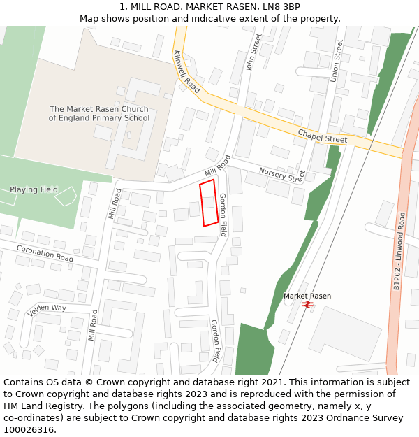 1, MILL ROAD, MARKET RASEN, LN8 3BP: Location map and indicative extent of plot