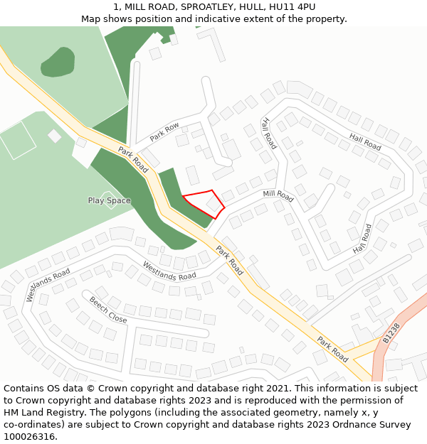 1, MILL ROAD, SPROATLEY, HULL, HU11 4PU: Location map and indicative extent of plot