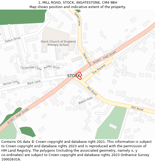 1, MILL ROAD, STOCK, INGATESTONE, CM4 9BH: Location map and indicative extent of plot