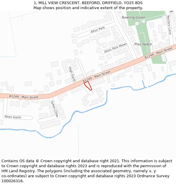 1, MILL VIEW CRESCENT, BEEFORD, DRIFFIELD, YO25 8DS: Location map and indicative extent of plot