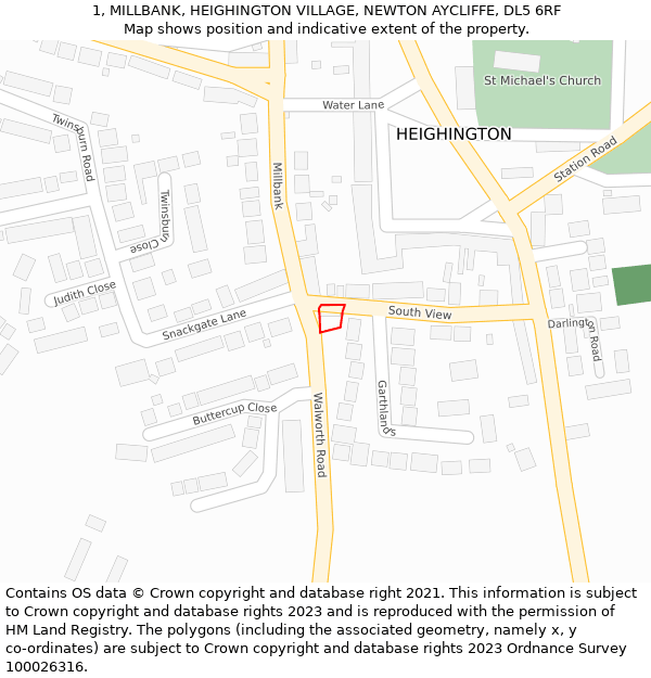 1, MILLBANK, HEIGHINGTON VILLAGE, NEWTON AYCLIFFE, DL5 6RF: Location map and indicative extent of plot