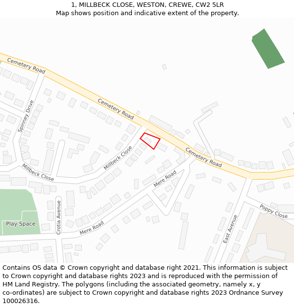 1, MILLBECK CLOSE, WESTON, CREWE, CW2 5LR: Location map and indicative extent of plot
