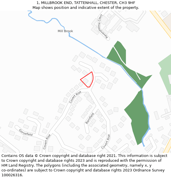 1, MILLBROOK END, TATTENHALL, CHESTER, CH3 9HF: Location map and indicative extent of plot