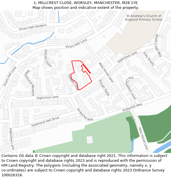 1, MILLCREST CLOSE, WORSLEY, MANCHESTER, M28 1YE: Location map and indicative extent of plot