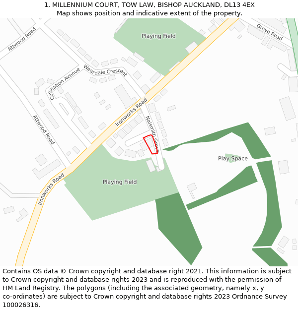 1, MILLENNIUM COURT, TOW LAW, BISHOP AUCKLAND, DL13 4EX: Location map and indicative extent of plot