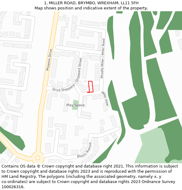 1, MILLER ROAD, BRYMBO, WREXHAM, LL11 5FH: Location map and indicative extent of plot