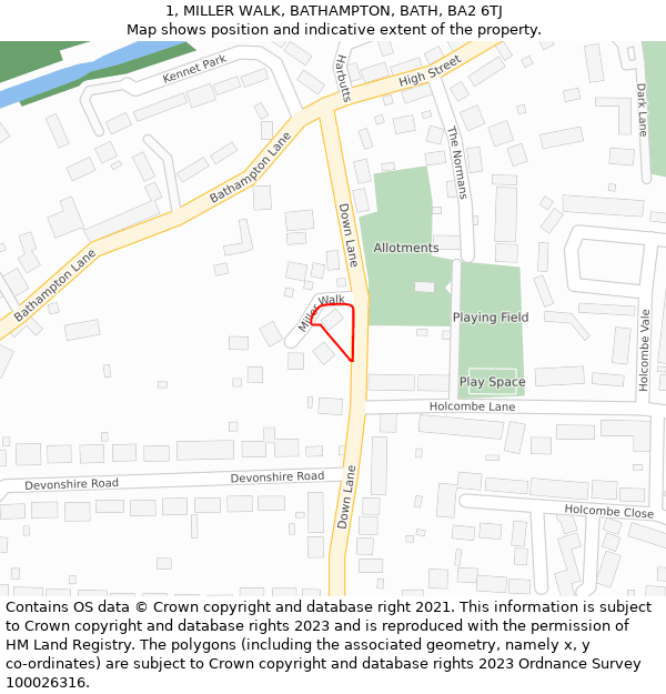 1, MILLER WALK, BATHAMPTON, BATH, BA2 6TJ: Location map and indicative extent of plot