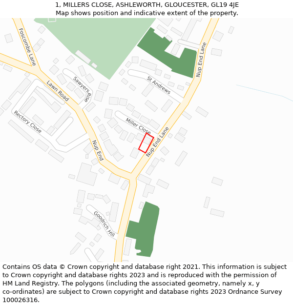 1, MILLERS CLOSE, ASHLEWORTH, GLOUCESTER, GL19 4JE: Location map and indicative extent of plot