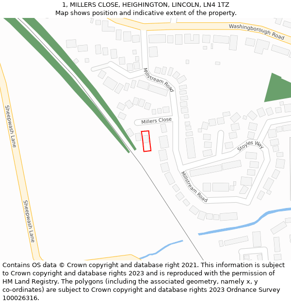 1, MILLERS CLOSE, HEIGHINGTON, LINCOLN, LN4 1TZ: Location map and indicative extent of plot