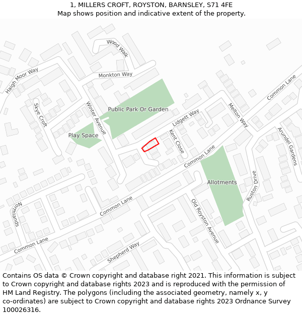 1, MILLERS CROFT, ROYSTON, BARNSLEY, S71 4FE: Location map and indicative extent of plot