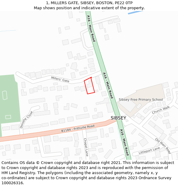 1, MILLERS GATE, SIBSEY, BOSTON, PE22 0TP: Location map and indicative extent of plot