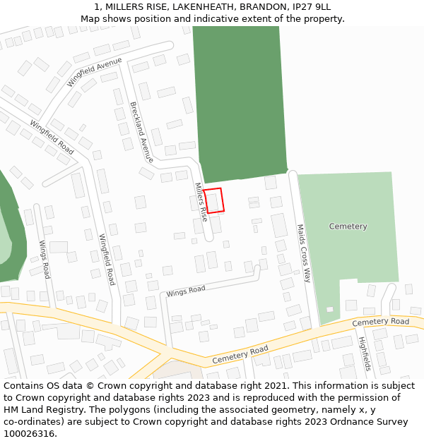 1, MILLERS RISE, LAKENHEATH, BRANDON, IP27 9LL: Location map and indicative extent of plot