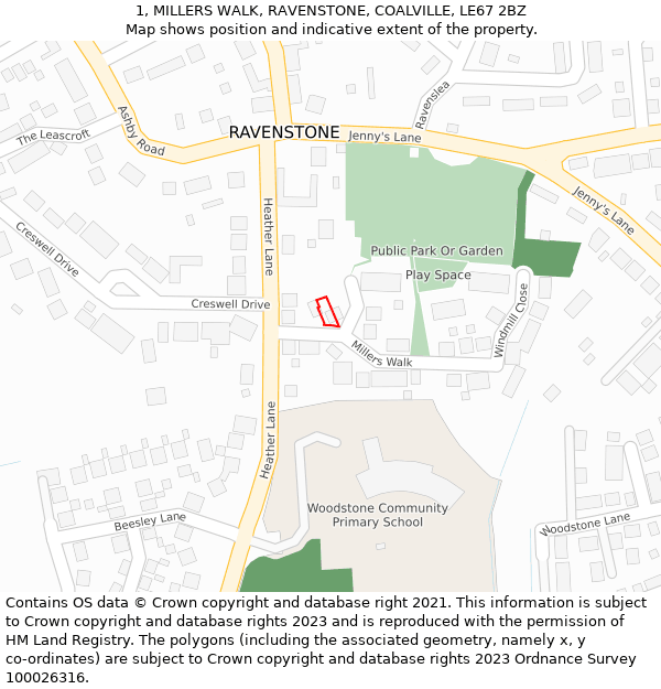 1, MILLERS WALK, RAVENSTONE, COALVILLE, LE67 2BZ: Location map and indicative extent of plot