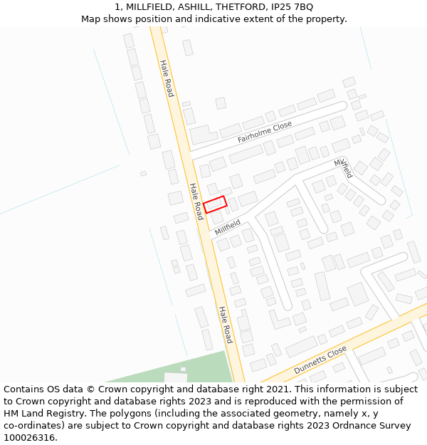 1, MILLFIELD, ASHILL, THETFORD, IP25 7BQ: Location map and indicative extent of plot