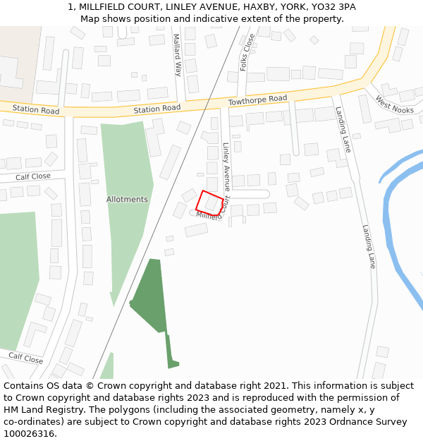 1, MILLFIELD COURT, LINLEY AVENUE, HAXBY, YORK, YO32 3PA: Location map and indicative extent of plot