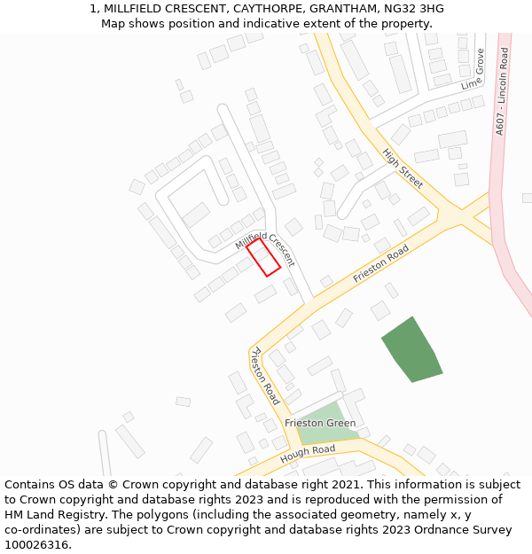 1, MILLFIELD CRESCENT, CAYTHORPE, GRANTHAM, NG32 3HG: Location map and indicative extent of plot