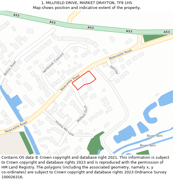 1, MILLFIELD DRIVE, MARKET DRAYTON, TF9 1HS: Location map and indicative extent of plot