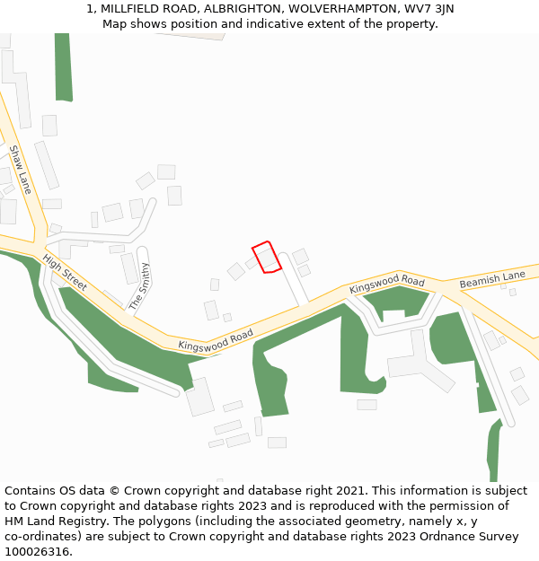 1, MILLFIELD ROAD, ALBRIGHTON, WOLVERHAMPTON, WV7 3JN: Location map and indicative extent of plot