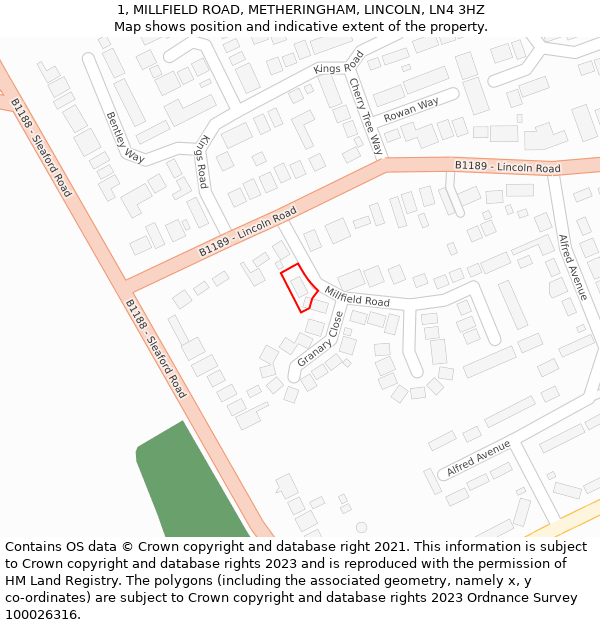 1, MILLFIELD ROAD, METHERINGHAM, LINCOLN, LN4 3HZ: Location map and indicative extent of plot