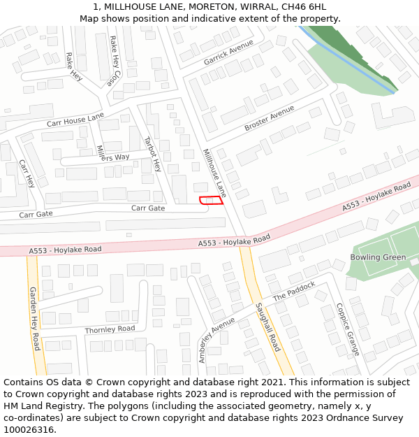 1, MILLHOUSE LANE, MORETON, WIRRAL, CH46 6HL: Location map and indicative extent of plot