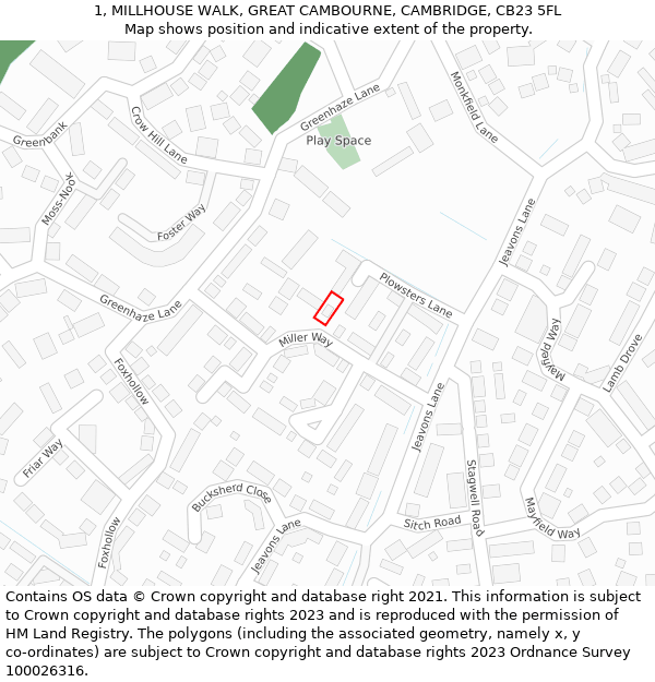 1, MILLHOUSE WALK, GREAT CAMBOURNE, CAMBRIDGE, CB23 5FL: Location map and indicative extent of plot