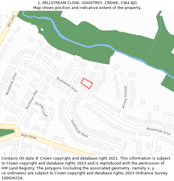 1, MILLSTREAM CLOSE, GOOSTREY, CREWE, CW4 8JG: Location map and indicative extent of plot