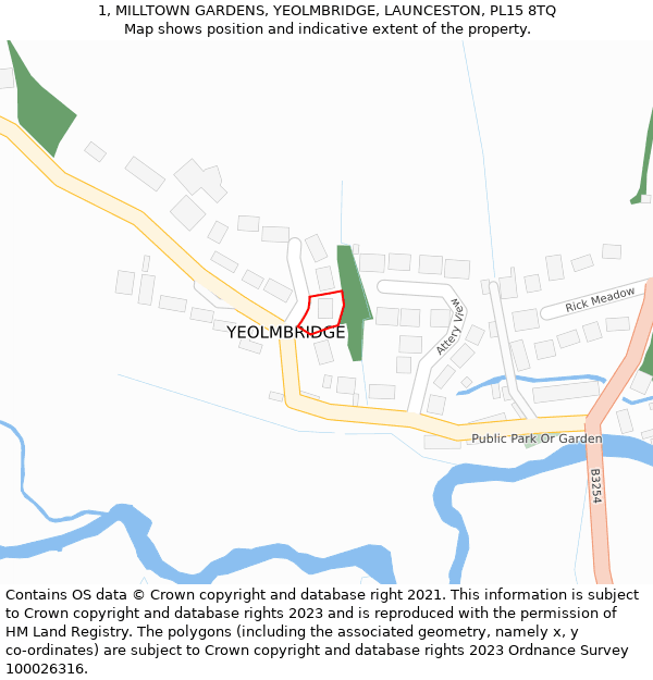 1, MILLTOWN GARDENS, YEOLMBRIDGE, LAUNCESTON, PL15 8TQ: Location map and indicative extent of plot