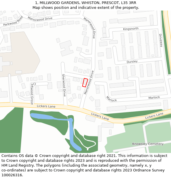 1, MILLWOOD GARDENS, WHISTON, PRESCOT, L35 3RR: Location map and indicative extent of plot