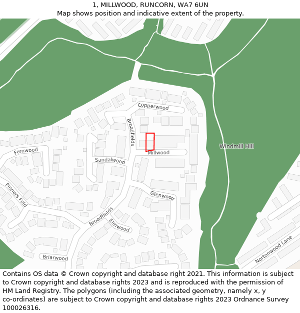 1, MILLWOOD, RUNCORN, WA7 6UN: Location map and indicative extent of plot