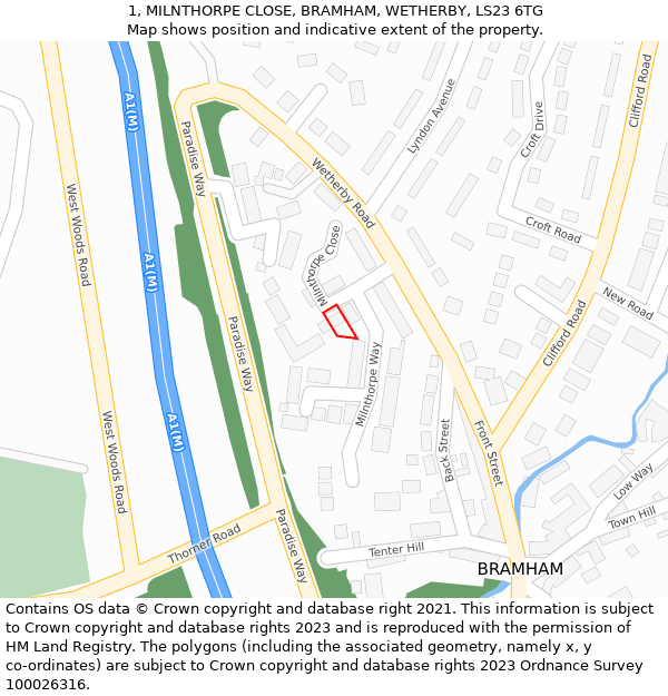 1, MILNTHORPE CLOSE, BRAMHAM, WETHERBY, LS23 6TG: Location map and indicative extent of plot