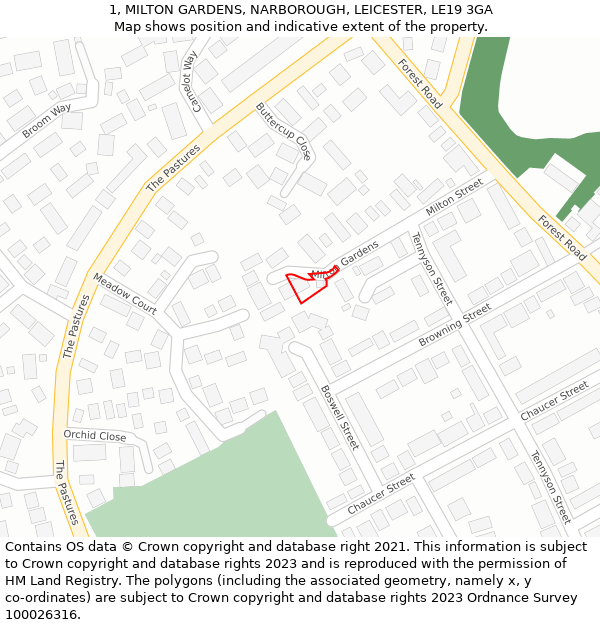 1, MILTON GARDENS, NARBOROUGH, LEICESTER, LE19 3GA: Location map and indicative extent of plot
