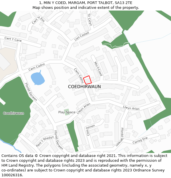 1, MIN Y COED, MARGAM, PORT TALBOT, SA13 2TE: Location map and indicative extent of plot