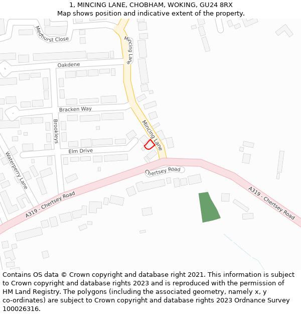 1, MINCING LANE, CHOBHAM, WOKING, GU24 8RX: Location map and indicative extent of plot