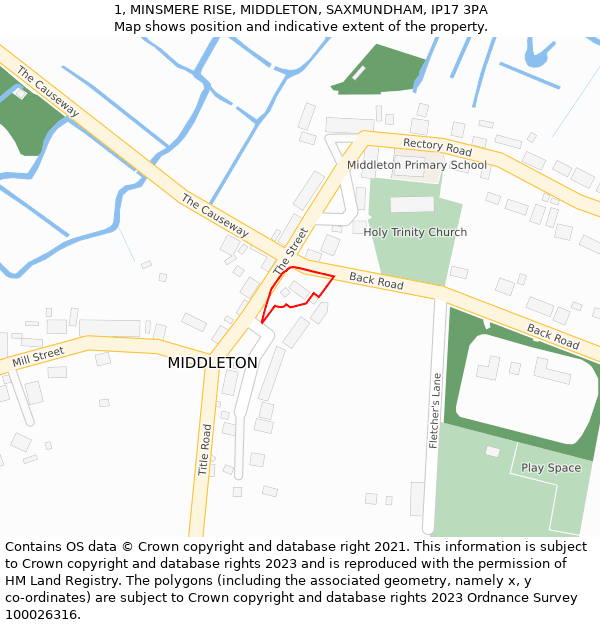 1, MINSMERE RISE, MIDDLETON, SAXMUNDHAM, IP17 3PA: Location map and indicative extent of plot