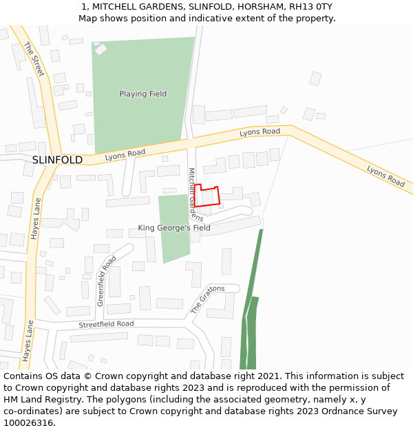 1, MITCHELL GARDENS, SLINFOLD, HORSHAM, RH13 0TY: Location map and indicative extent of plot