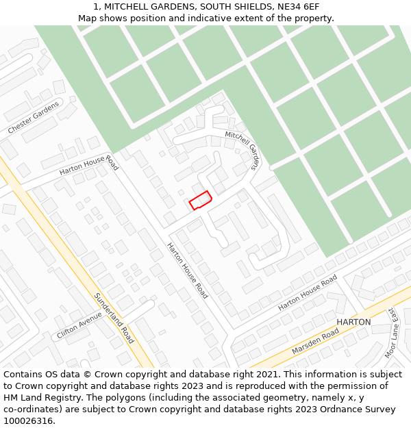 1, MITCHELL GARDENS, SOUTH SHIELDS, NE34 6EF: Location map and indicative extent of plot