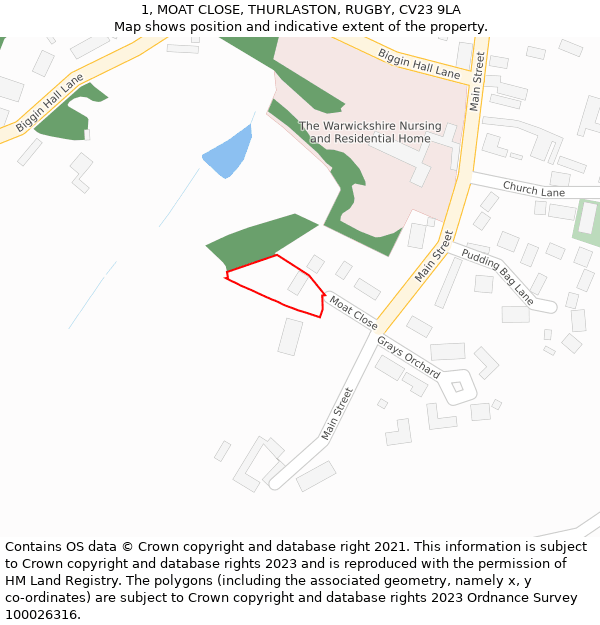 1, MOAT CLOSE, THURLASTON, RUGBY, CV23 9LA: Location map and indicative extent of plot