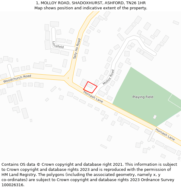 1, MOLLOY ROAD, SHADOXHURST, ASHFORD, TN26 1HR: Location map and indicative extent of plot