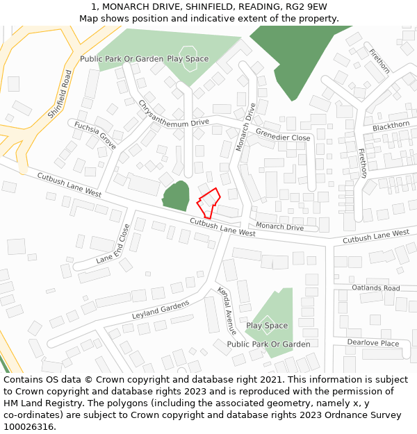 1, MONARCH DRIVE, SHINFIELD, READING, RG2 9EW: Location map and indicative extent of plot