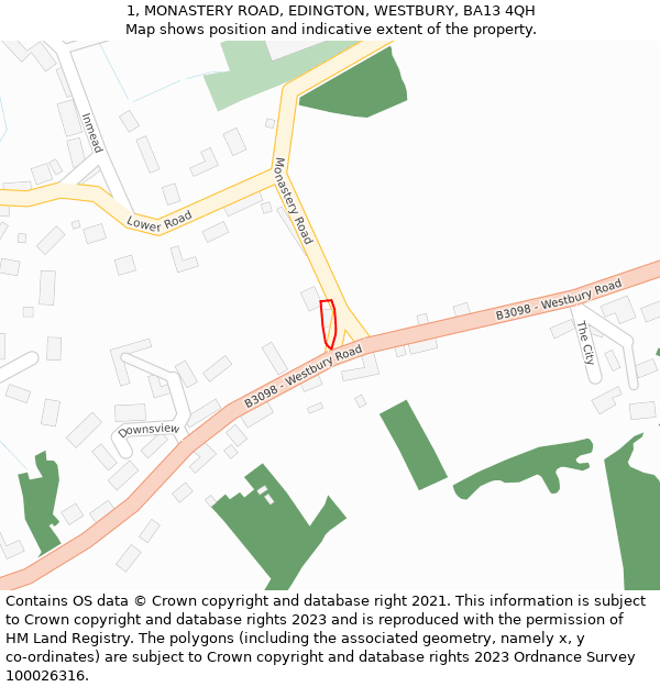 1, MONASTERY ROAD, EDINGTON, WESTBURY, BA13 4QH: Location map and indicative extent of plot