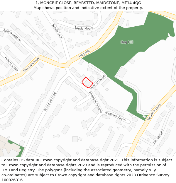 1, MONCRIF CLOSE, BEARSTED, MAIDSTONE, ME14 4QG: Location map and indicative extent of plot