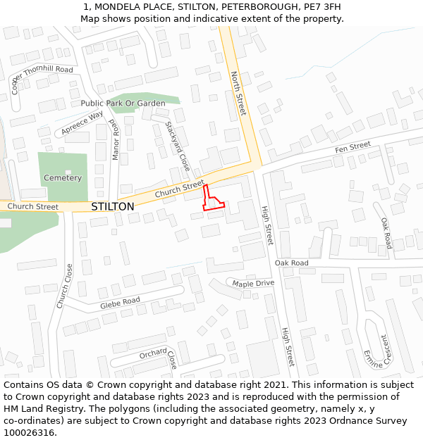 1, MONDELA PLACE, STILTON, PETERBOROUGH, PE7 3FH: Location map and indicative extent of plot