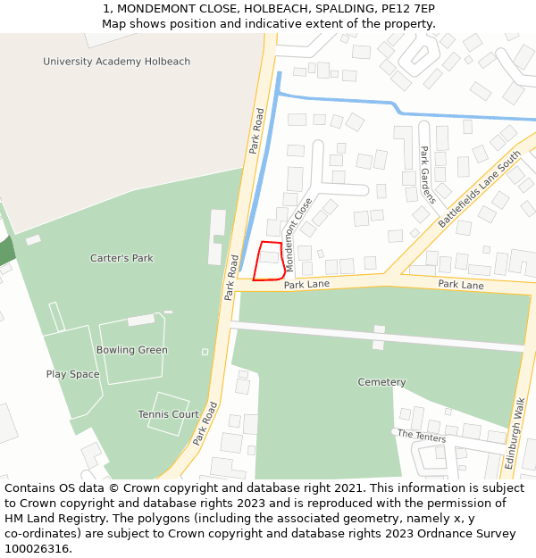 1, MONDEMONT CLOSE, HOLBEACH, SPALDING, PE12 7EP: Location map and indicative extent of plot