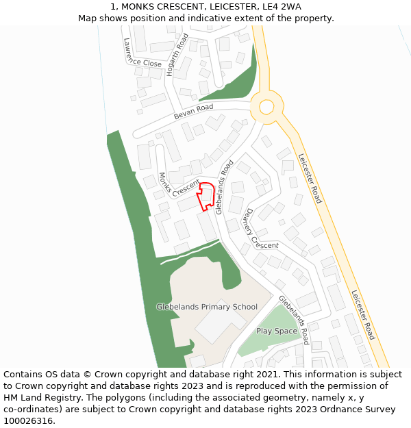 1, MONKS CRESCENT, LEICESTER, LE4 2WA: Location map and indicative extent of plot