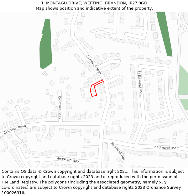 1, MONTAGU DRIVE, WEETING, BRANDON, IP27 0GD: Location map and indicative extent of plot